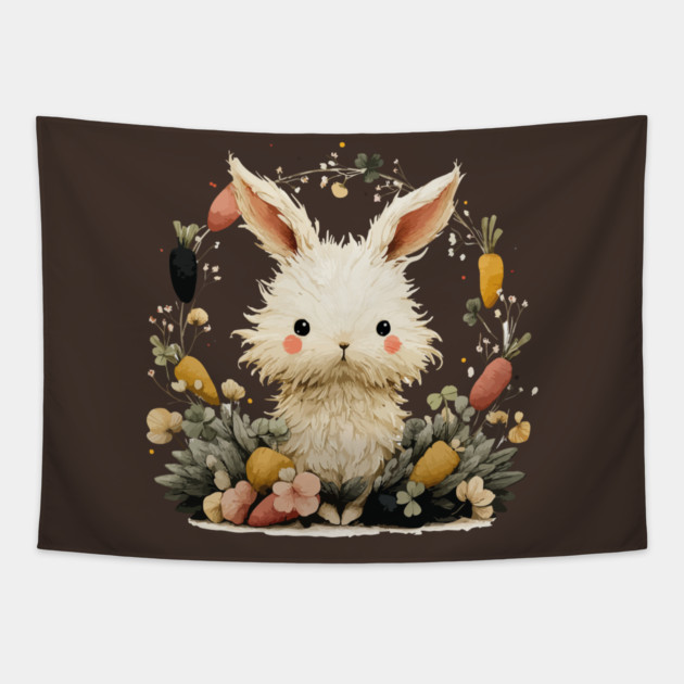 Baby Bunny in a Carrot Wreath - Fairytale Nursery Decor Tapestry by TuncGK