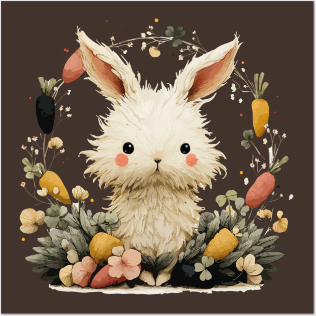 Baby Bunny in a Carrot Wreath - Fairytale Nursery Decor Wall Art by TuncGK