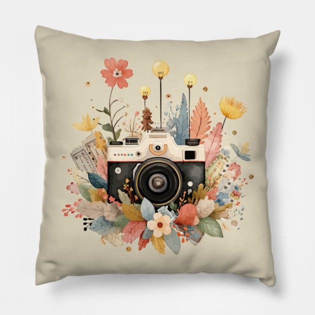 Vintage Camera in a Floral Wreath - Photographer & Travel Folk Art Pillow by TuncGK