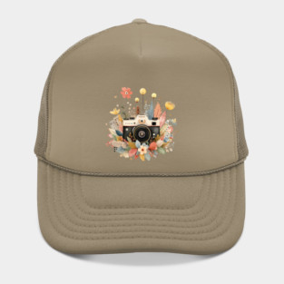 Vintage Camera in a Floral Wreath - Photographer & Travel Folk Art Hat