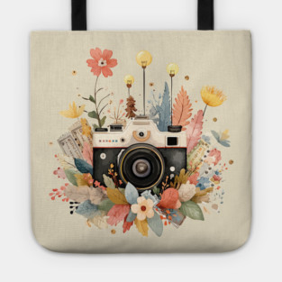 Vintage Camera in a Floral Wreath - Photographer & Travel Folk Art Tote