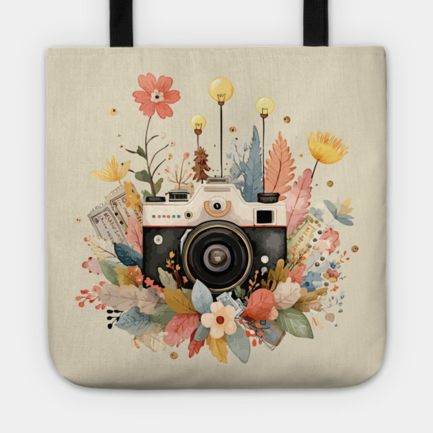 Vintage Camera in a Floral Wreath - Photographer & Travel Folk Art Tote by TuncGK