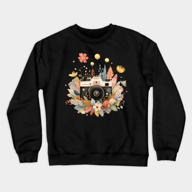 Vintage Camera in a Floral Wreath - Photographer & Travel Folk Art Crewneck Sweatshirt by TuncGK