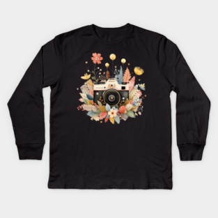 Vintage Camera in a Floral Wreath - Photographer & Travel Folk Art Kids Long Sleeve T-Shirt