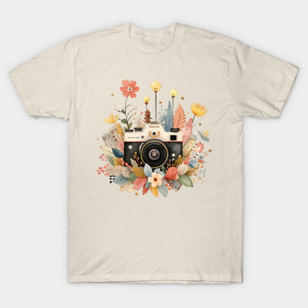 Vintage Camera in a Floral Wreath - Photographer & Travel Folk Art T-Shirt by TuncGK