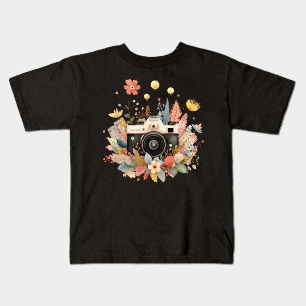 Vintage Camera in a Floral Wreath - Photographer & Travel Folk Art Kids T-Shirt by TuncGK