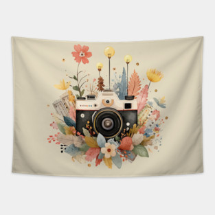 Vintage Camera in a Floral Wreath - Photographer & Travel Folk Art Tapestry