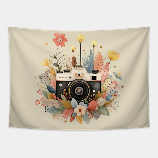 Vintage Camera in a Floral Wreath - Photographer & Travel Folk Art Tapestry by TuncGK