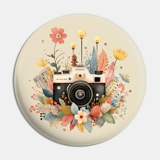 Vintage Camera in a Floral Wreath - Photographer & Travel Folk Art Pin by TuncGK