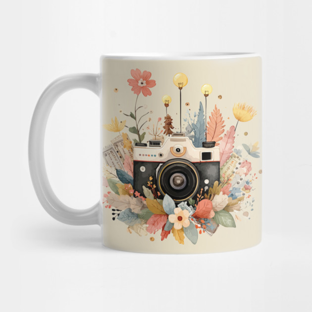 Vintage Camera in a Floral Wreath - Photographer & Travel Folk Art by TuncGK