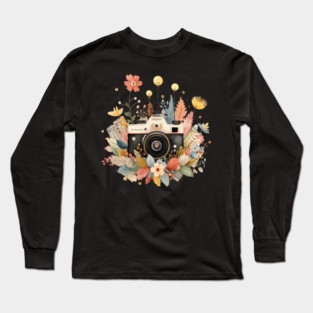 Vintage Camera in a Floral Wreath - Photographer & Travel Folk Art Long Sleeve T-Shirt