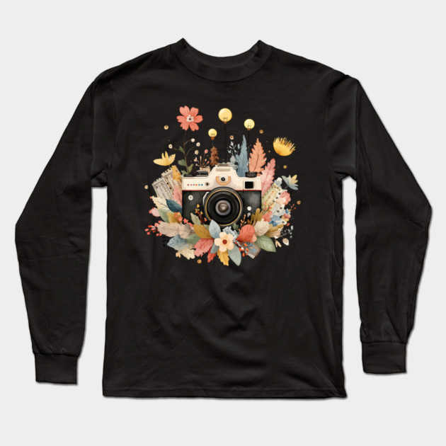 Vintage Camera in a Floral Wreath - Photographer & Travel Folk Art Long Sleeve T-Shirt by TuncGK