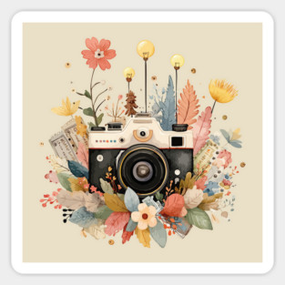 Vintage Camera in a Floral Wreath - Photographer & Travel Folk Art Sticker