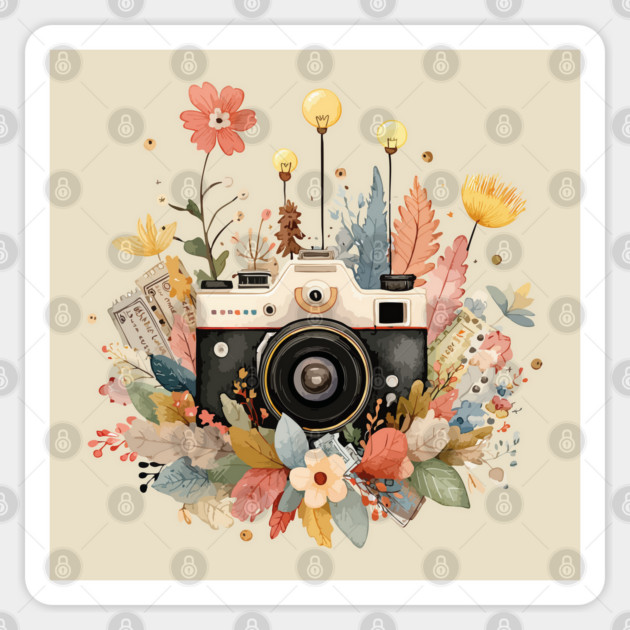 Vintage Camera in a Floral Wreath - Photographer & Travel Folk Art Sticker by TuncGK