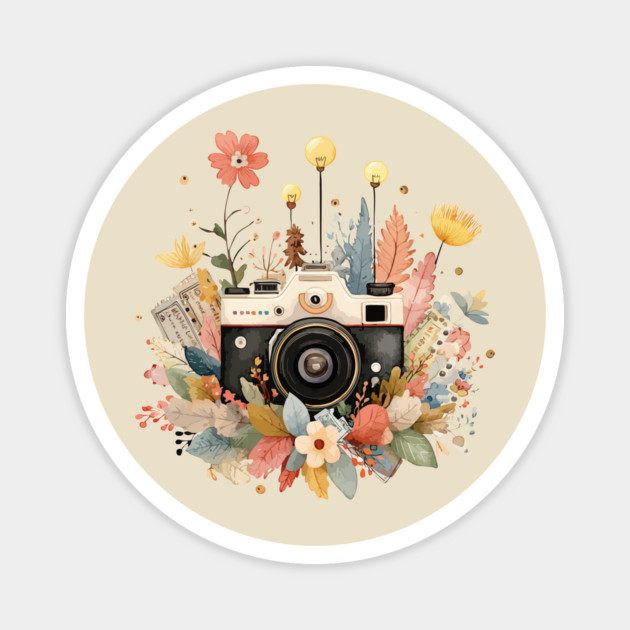 Vintage Camera in a Floral Wreath - Photographer & Travel Folk Art Magnet by TuncGK