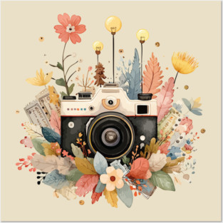 Vintage Camera in a Floral Wreath - Photographer & Travel Folk Art Posters and Art