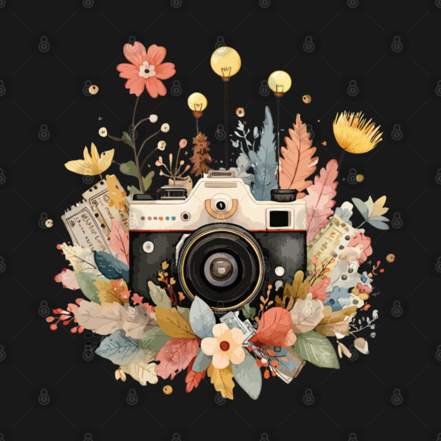 Vintage Camera in a Floral Wreath - Photographer & Travel Folk Art by TuncGK