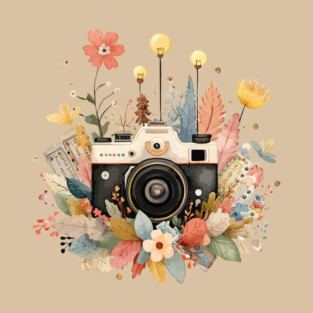 Vintage Camera in a Floral Wreath - Photographer & Travel Folk Art T-Shirt
