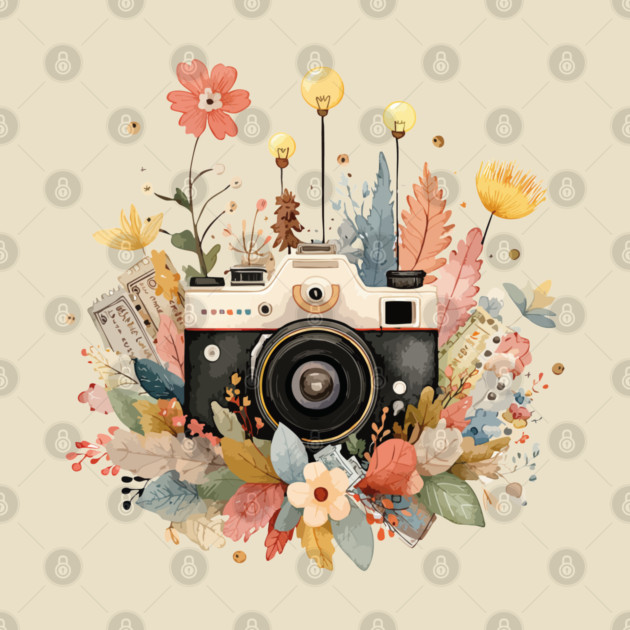 Vintage Camera in a Floral Wreath - Photographer & Travel Folk Art by TuncGK