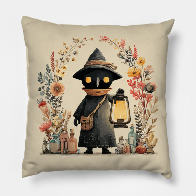 Plague Doctor Apothecary - Alchemist & Goblincore Folk Art Pillow by TuncGK