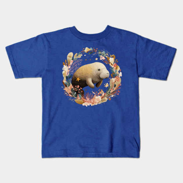 Gentle Manatee in a Seaweed Wreath - Florida Folk Art Kids T-Shirt by TuncGK