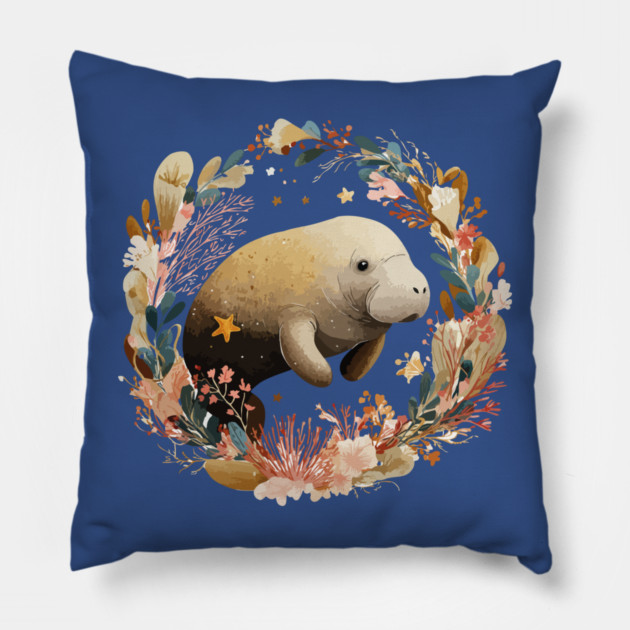 Gentle Manatee in a Seaweed Wreath - Florida Folk Art Pillow by TuncGK