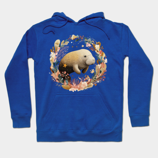 Gentle Manatee in a Seaweed Wreath - Florida Folk Art Hoodie by TuncGK