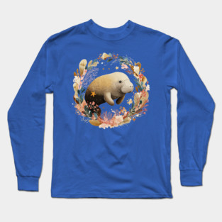 Gentle Manatee in a Seaweed Wreath - Florida Folk Art Long Sleeve T-Shirt
