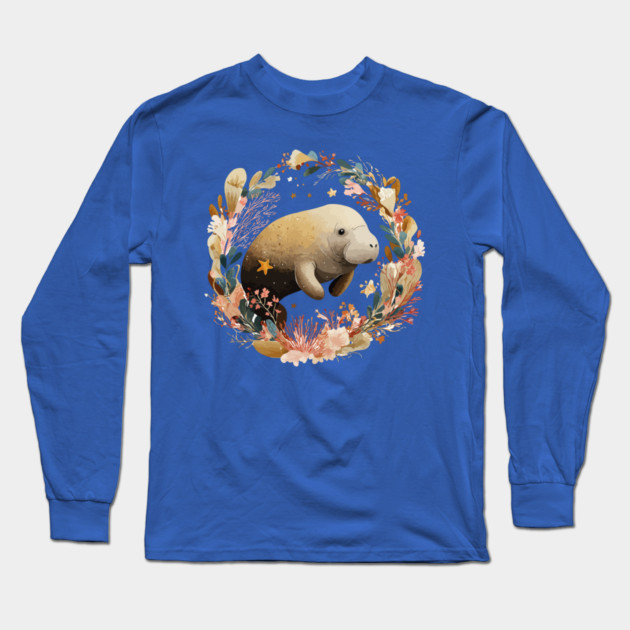 Gentle Manatee in a Seaweed Wreath - Florida Folk Art Long Sleeve T-Shirt by TuncGK