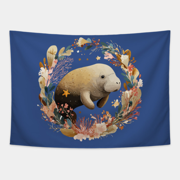 Gentle Manatee in a Seaweed Wreath - Florida Folk Art Tapestry by TuncGK