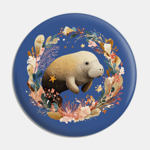 Gentle Manatee in a Seaweed Wreath - Florida Folk Art Pin by TuncGK