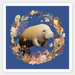 Gentle Manatee in a Seaweed Wreath - Florida Folk Art Sticker