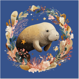 Gentle Manatee in a Seaweed Wreath - Florida Folk Art Posters and Art