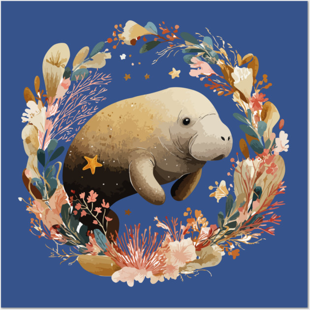 Gentle Manatee in a Seaweed Wreath - Florida Folk Art Wall Art by TuncGK