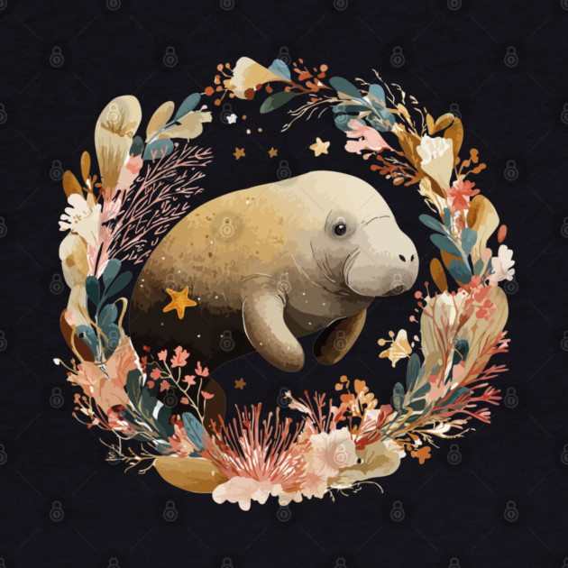 Gentle Manatee in a Seaweed Wreath - Florida Folk Art by TuncGK