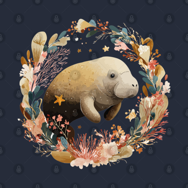 Gentle Manatee in a Seaweed Wreath - Florida Folk Art by TuncGK