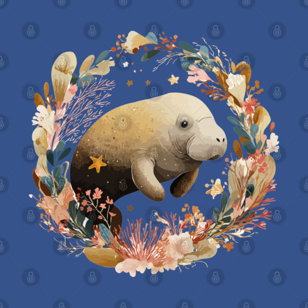 Gentle Manatee in a Seaweed Wreath - Florida Folk Art by TuncGK