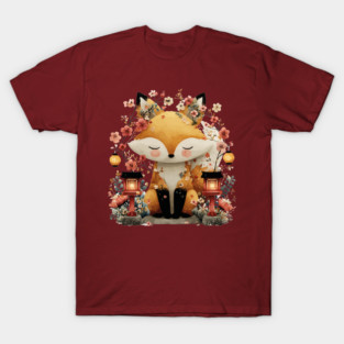 Japanese Kitsune Fox with Lanterns - Folklore & Anime Art T-Shirt
