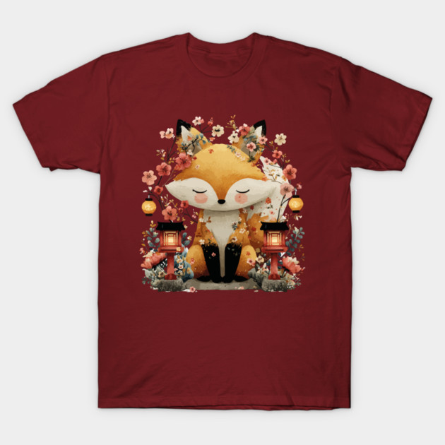 Japanese Kitsune Fox with Lanterns - Folklore & Anime Art T-Shirt by TuncGK
