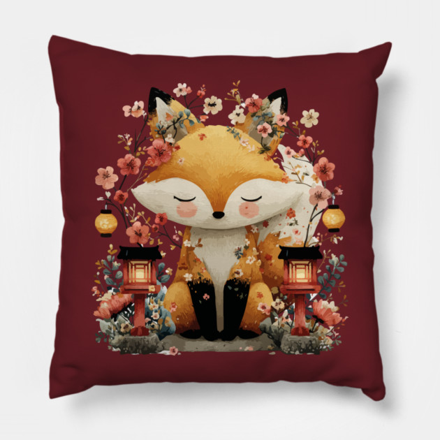 Japanese Kitsune Fox with Lanterns - Folklore & Anime Art Pillow by TuncGK