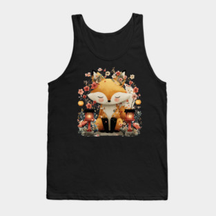 Japanese Kitsune Fox with Lanterns - Folklore & Anime Art Tank Top