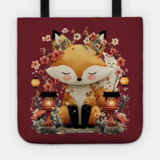 Japanese Kitsune Fox with Lanterns - Folklore & Anime Art Tote