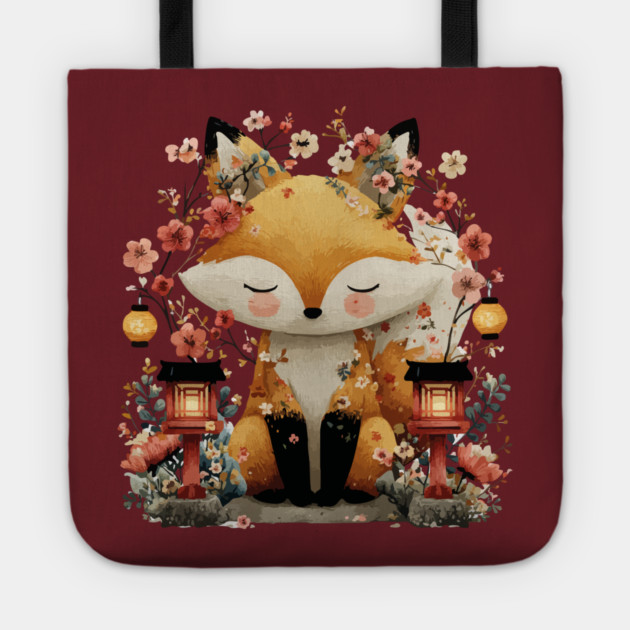 Japanese Kitsune Fox with Lanterns - Folklore & Anime Art Tote by TuncGK