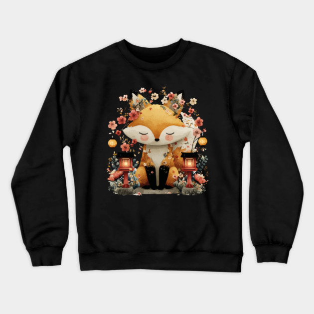Japanese Kitsune Fox with Lanterns - Folklore & Anime Art Crewneck Sweatshirt by TuncGK
