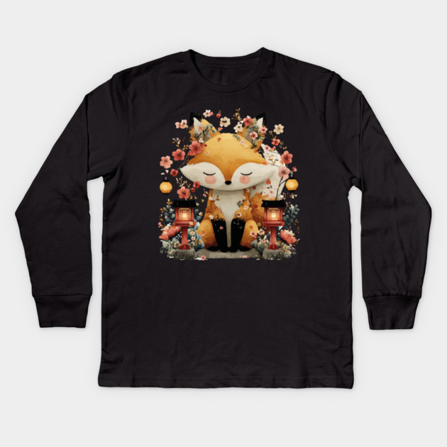Japanese Kitsune Fox with Lanterns - Folklore & Anime Art Kids Long Sleeve T-Shirt by TuncGK