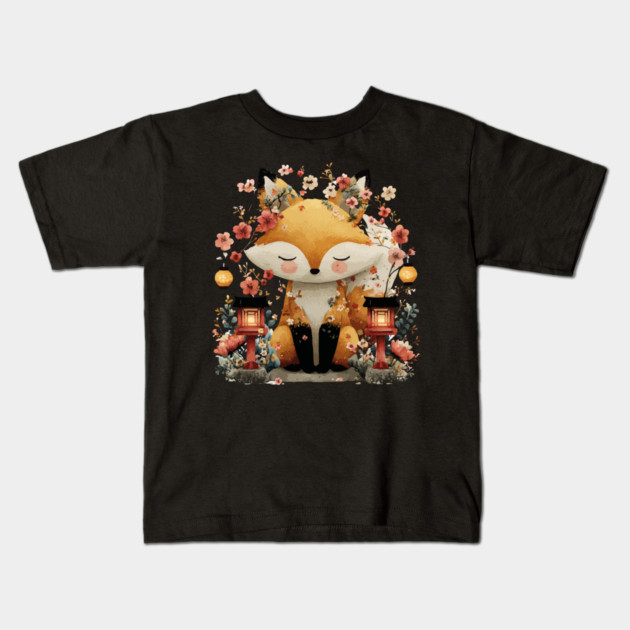 Japanese Kitsune Fox with Lanterns - Folklore & Anime Art Kids T-Shirt by TuncGK