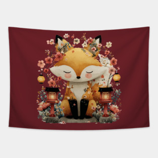 Japanese Kitsune Fox with Lanterns - Folklore & Anime Art Tapestry