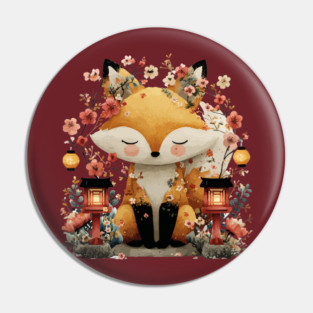 Japanese Kitsune Fox with Lanterns - Folklore & Anime Art Pin
