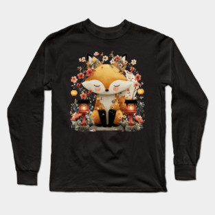 Japanese Kitsune Fox with Lanterns - Folklore & Anime Art Long Sleeve T-Shirt