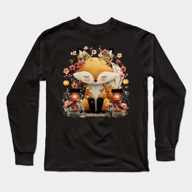Japanese Kitsune Fox with Lanterns - Folklore & Anime Art Long Sleeve T-Shirt by TuncGK